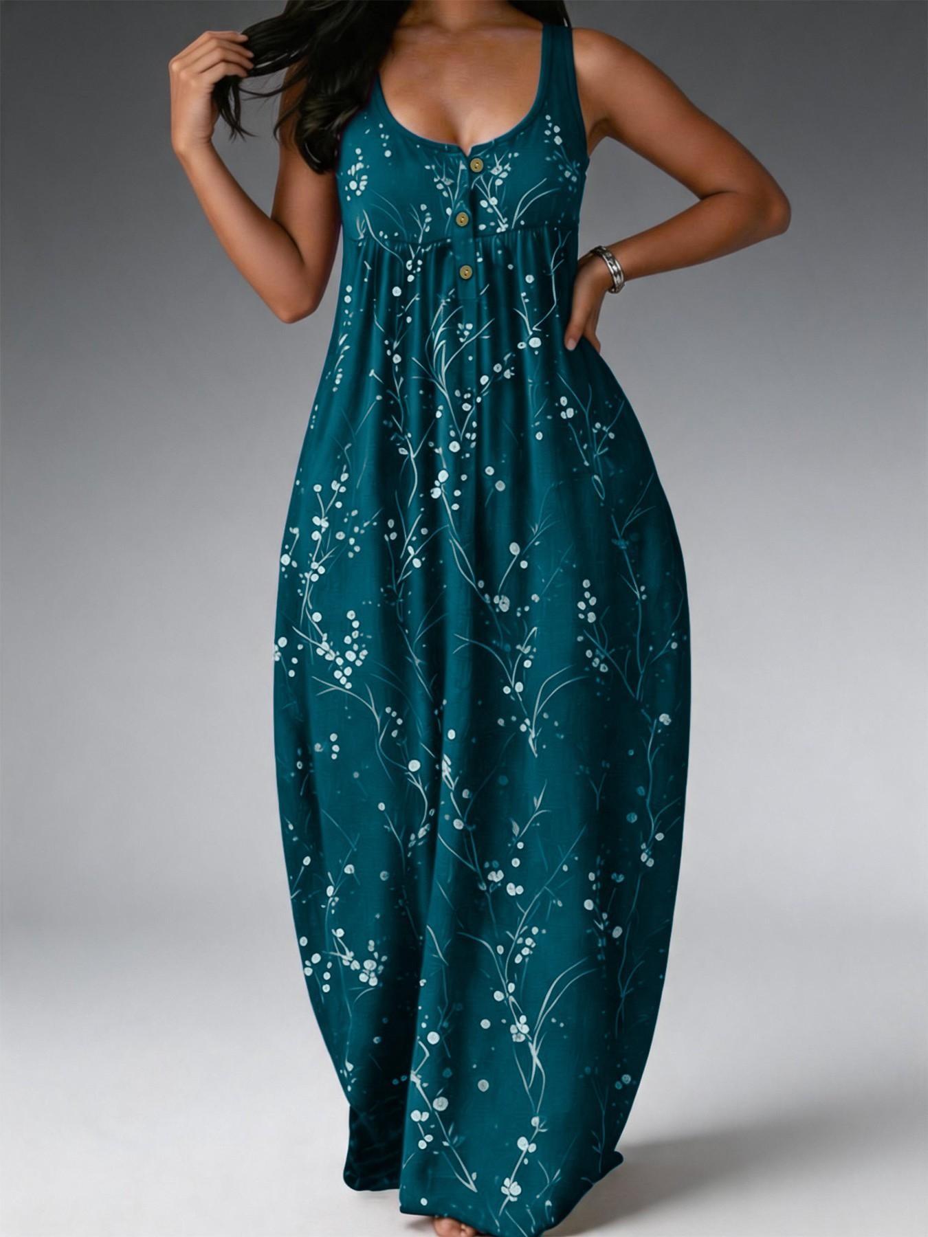 Elegant Plus Size Women's Dress, Loose-Fit Floral Branch Print, Fashionable Chic Sleeveless Long Dress