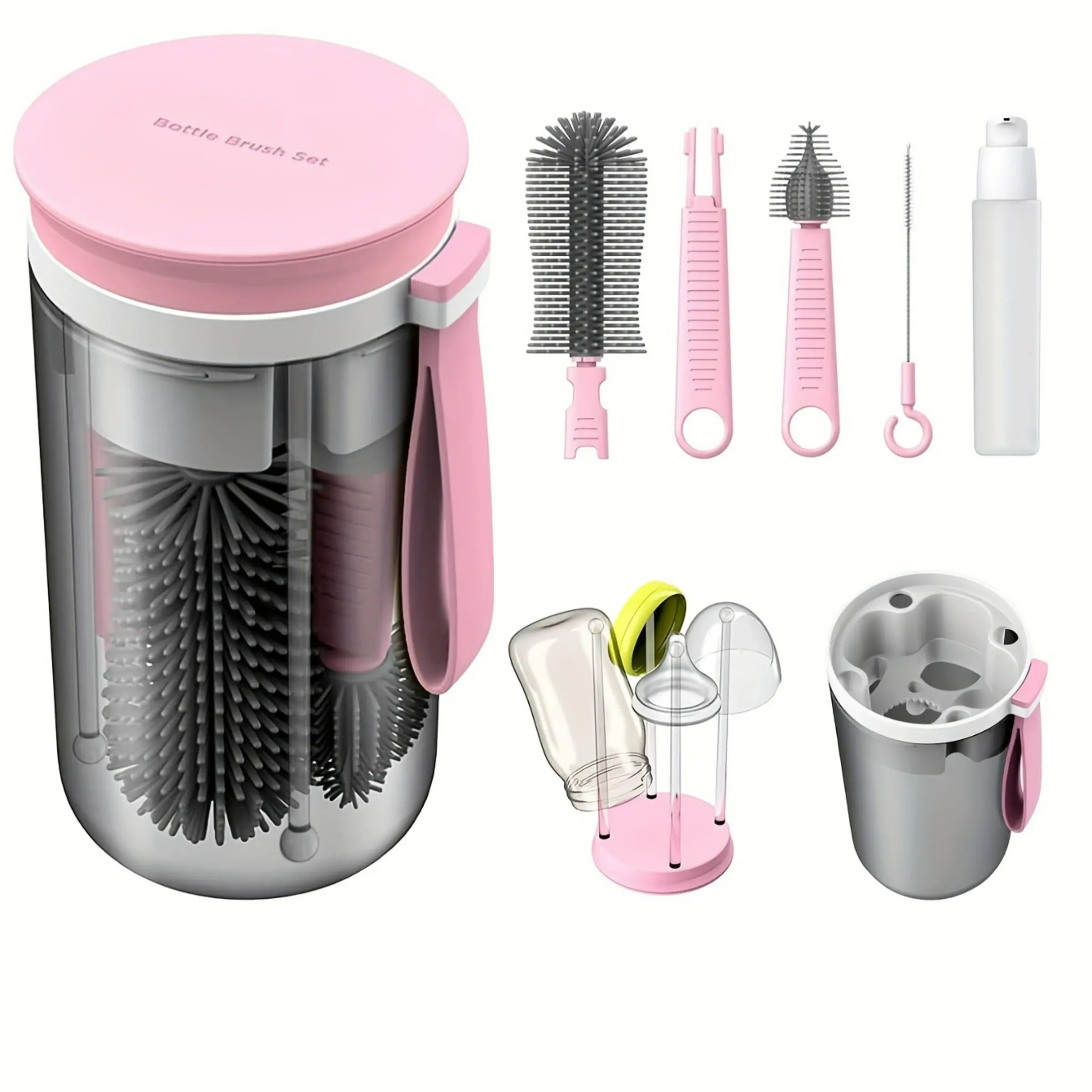 Portable Bottle Brush Set, Abs Material, Silicone Brushes, Drain Rack, Bottle Accessories, Plastic Handle, Travel-Friendly Cleaner Tool