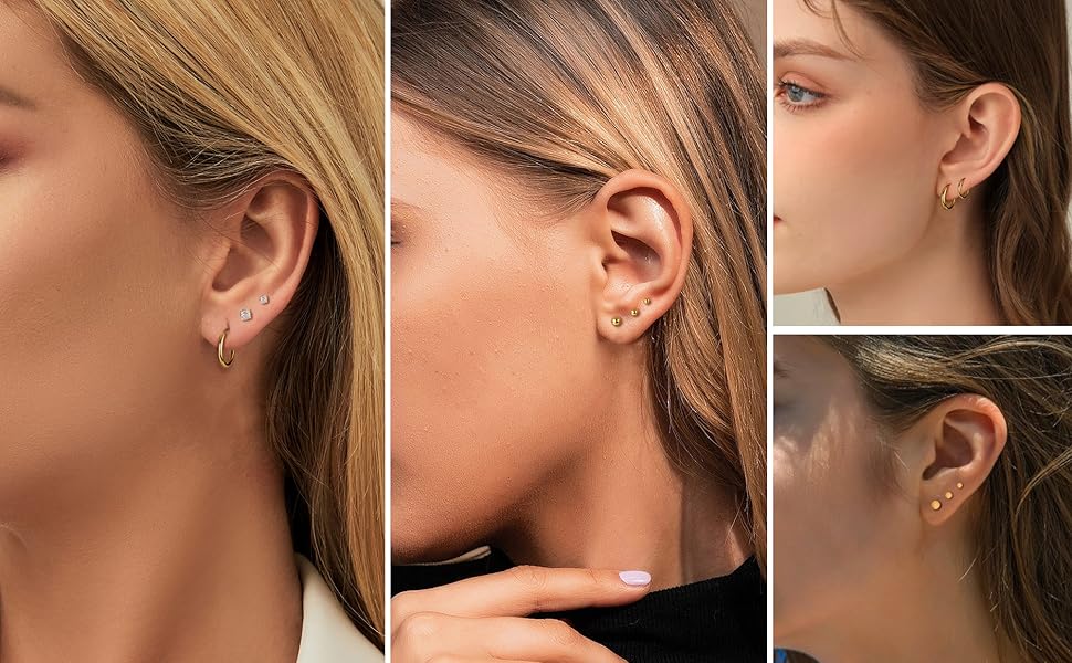 11 Pairs Silver Color Creole Earrings, Small Round Zirconia Ball, 14k Gold Plated, Medical Earrings for Women and Girls, All Seasons