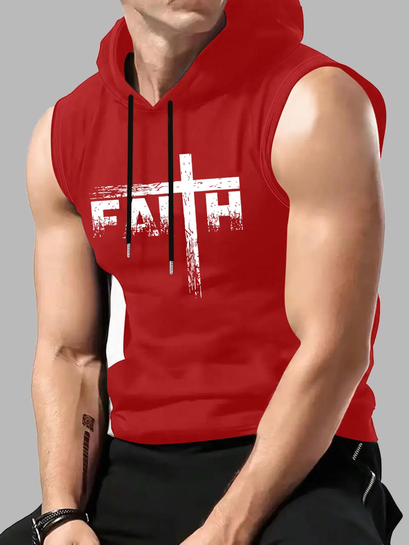 Men's Letter Print Cross & Sleeve Hoodie Tank Top, Regular Fit Casual Street Hooded Sleeveless Top for Summer, Men's Top for Daily Wear, Sweatshirts, Fitted, Knit