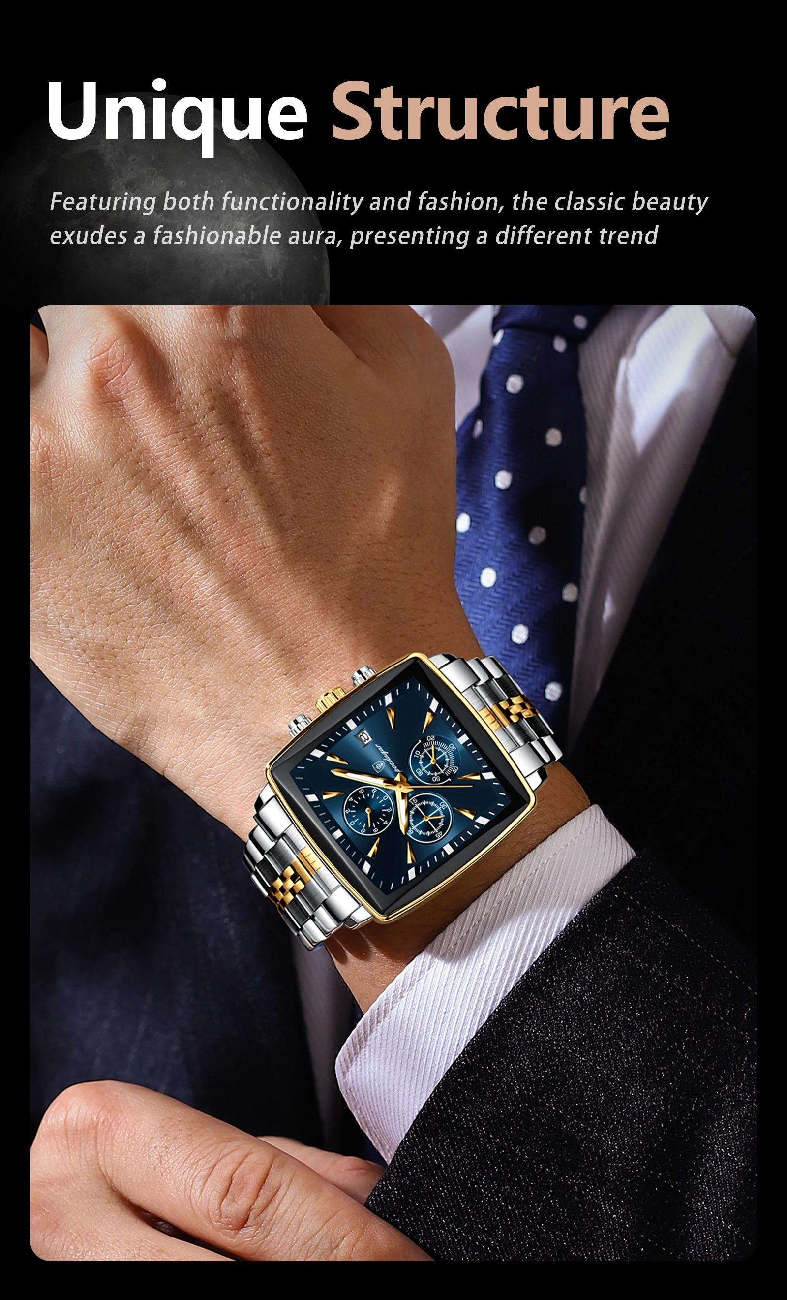 Poedagar Fashion Men's Watch Waterproof Date Men's Square Watch Suitable for Daily Wear and Outdoor Activities Durable Timepiece Stainless Steel Quartz Men's Watch