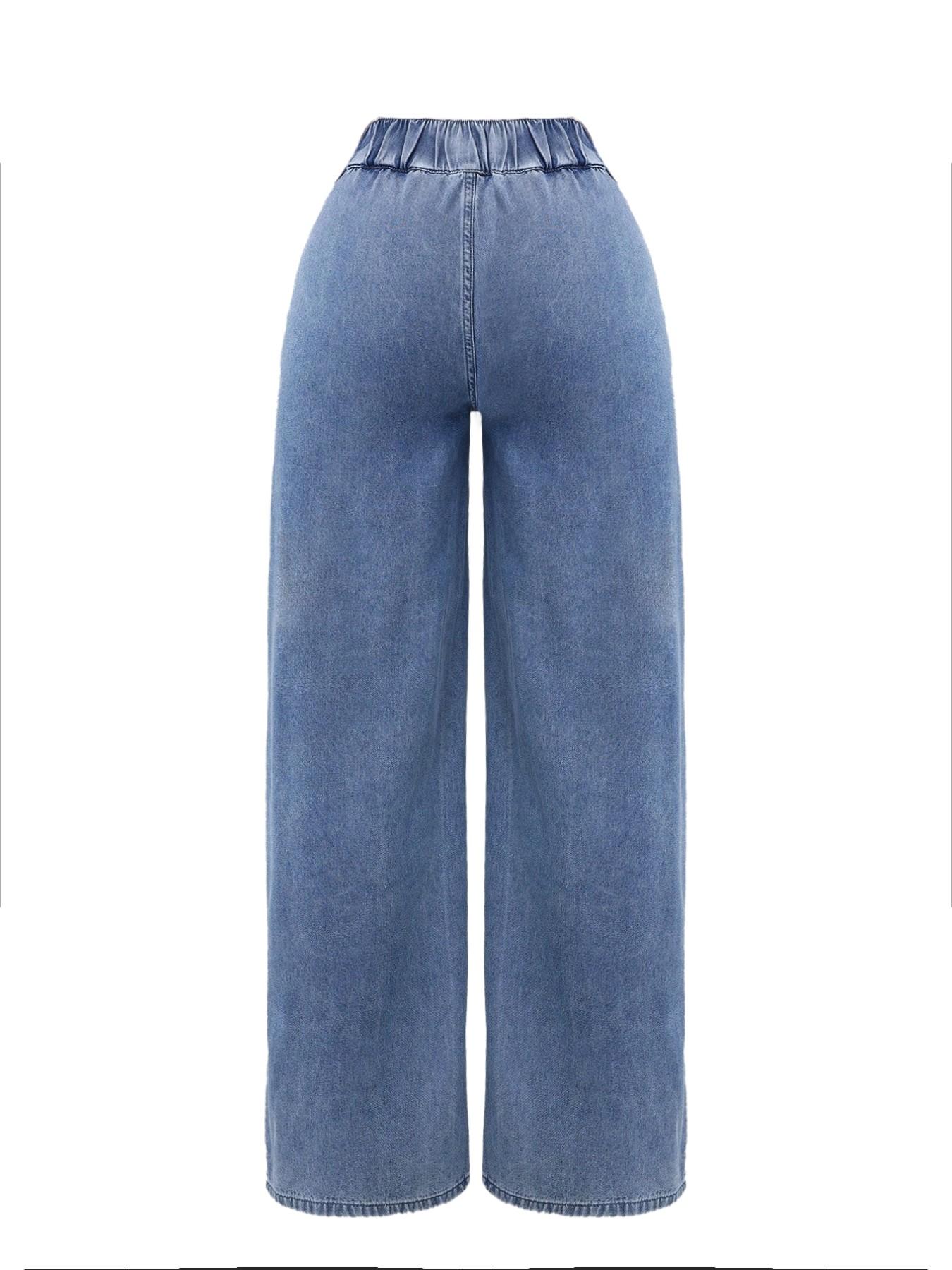 Women's Vintage Elegant High Waist Wide Leg Light Wash Denim Jeans Trouser, Button Front Elastic Waist Loose Fit, Casual Fashion Pants for All Seasons, Womenswear