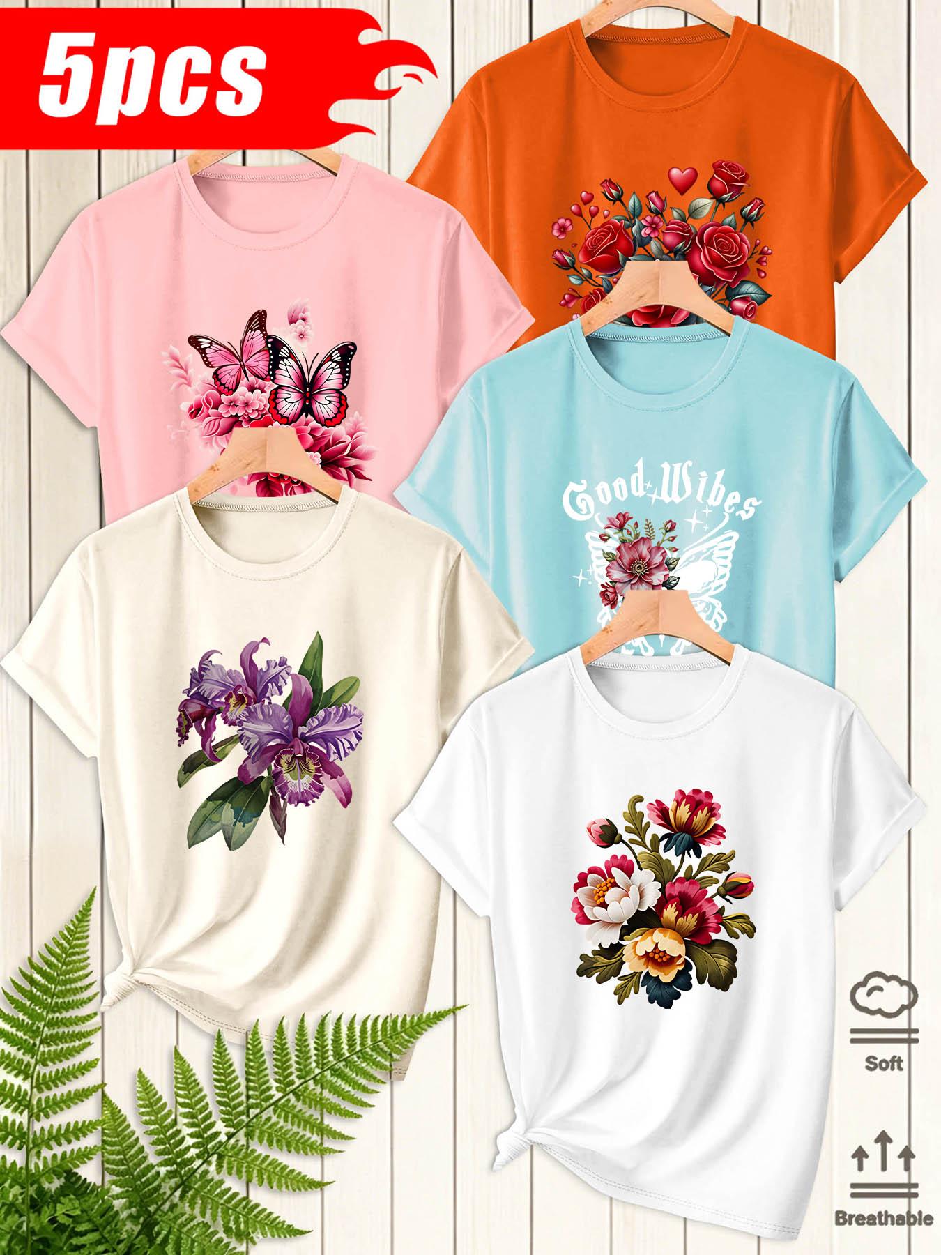 5Pcs Women Crew Neck T‑Shirts, Flower & Butterfly Art Printed Patterns, Multiple Colors Available, Machine Washable Spring Summer Tops, Soft Skin‑Friendly Fabric, Daily Versatile Wear, Fashion Design Short Sleeve Tees
