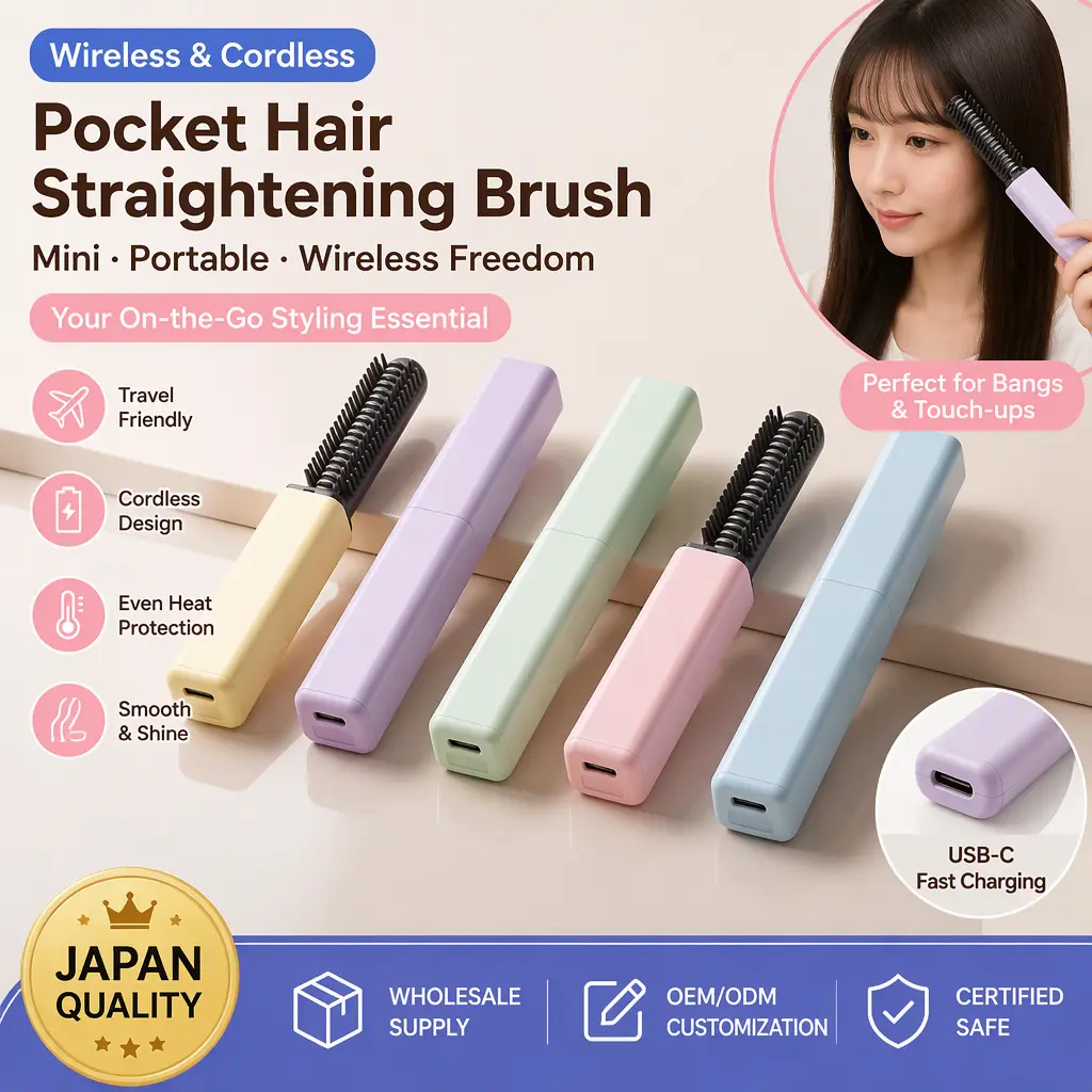 Portable Travel Japanese Mini Wireless Rechargeable Heated Comb Bangs Straightener Curling Wand Pocket Size Hair Styling Tool Hair Safe