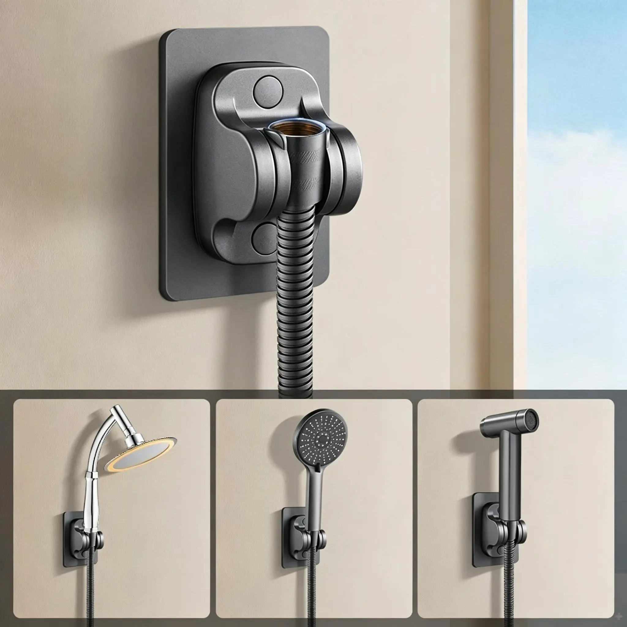 No Drill Shower Head Holder, Adhesive Wall Mount Shower Bracket, Adjustable Handheld Shower Wand Base, Universal Bathroom Shower Head Fixing Accessory