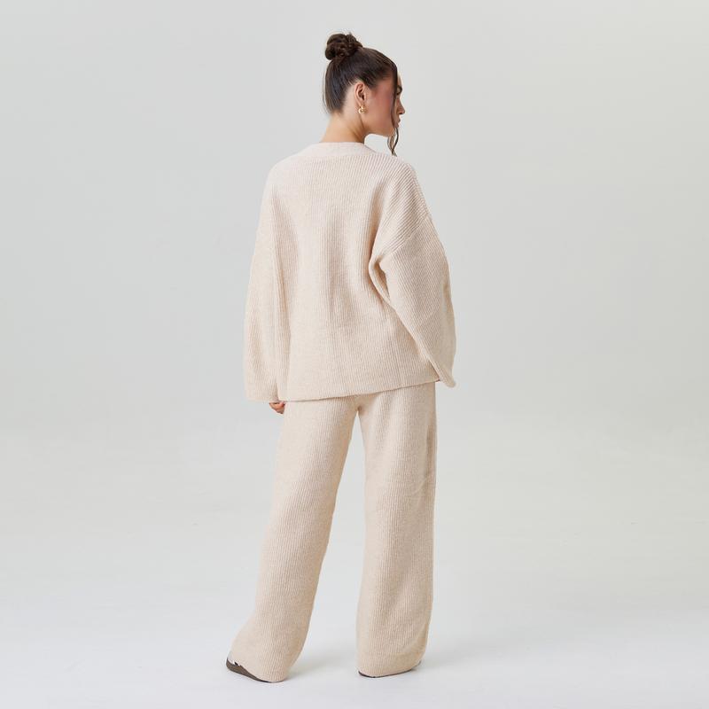 KatchMe Women's Slouchy Solid Color V-Neck Button-Up Long Sleeve Cardigan & Stretch Loose Trousers Co-ord, Minimalist Two Piece Outfits, Cozy Womenswear