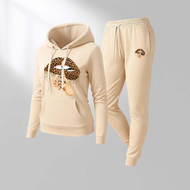 Women's Leopard Print Sexy Lips Print Hoodie And Drawstring Track Pants Set, Casual Sportswear, Long-Sleeved Hooded Jacket And Pants, Suitable For Autumn And Winter, Everyday Wear, Indoor And Outdoor Sportswear, Casual Sportswear.