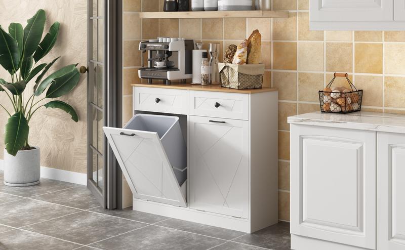 Vabches Trash Cabinet Trash Can, Dog Proof Tilt Out Trash Bin Holder, Free Standing Recycling Cabinet with 2 Drawers for Kitchen Living Room