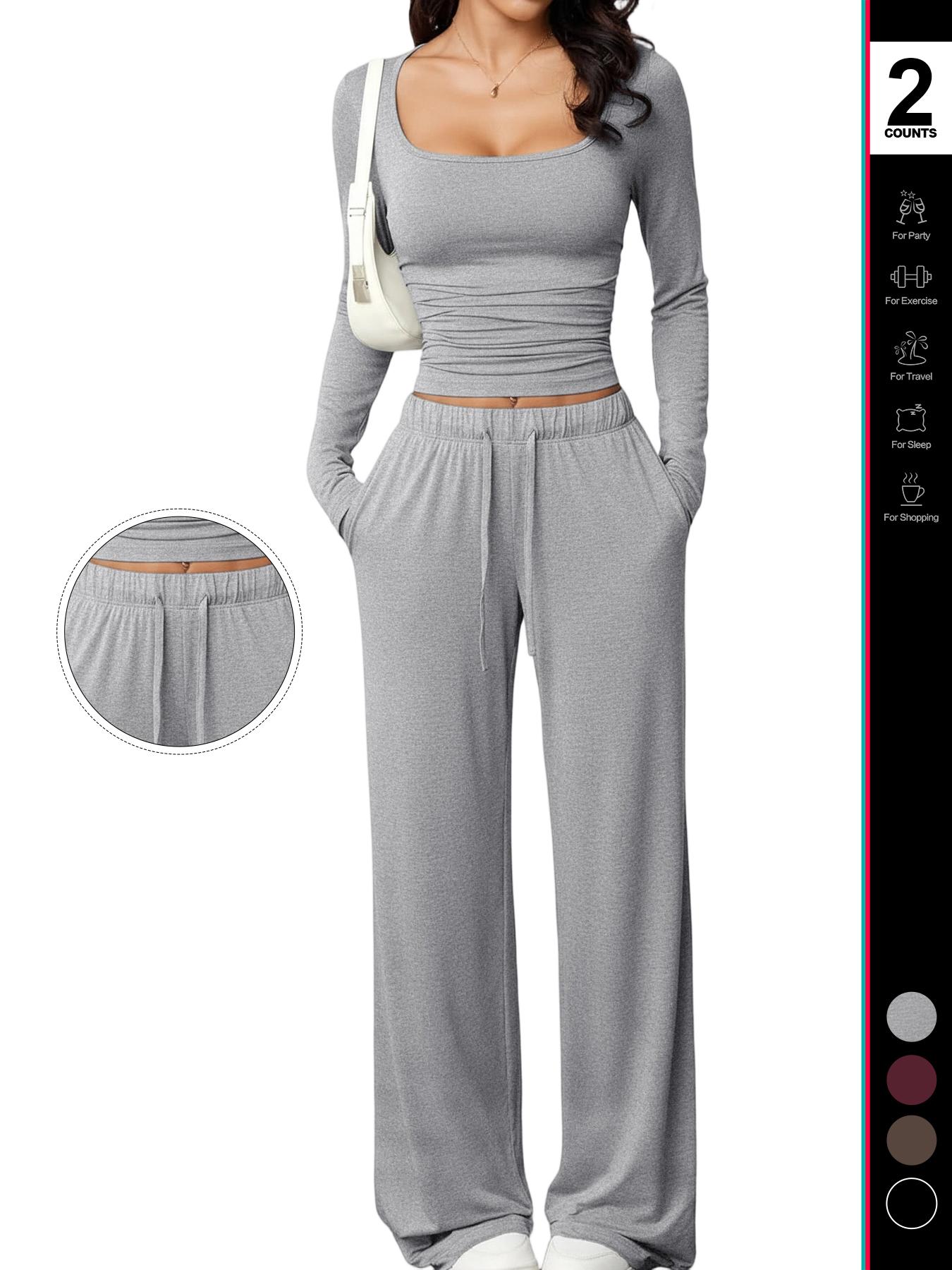 Women's 2 Piece Matching Lounge Set, Fitted Square Neck Long Sleeve Crop Top, High Waisted Wide Leg Drawstring Pants, Casual Sweatsuit