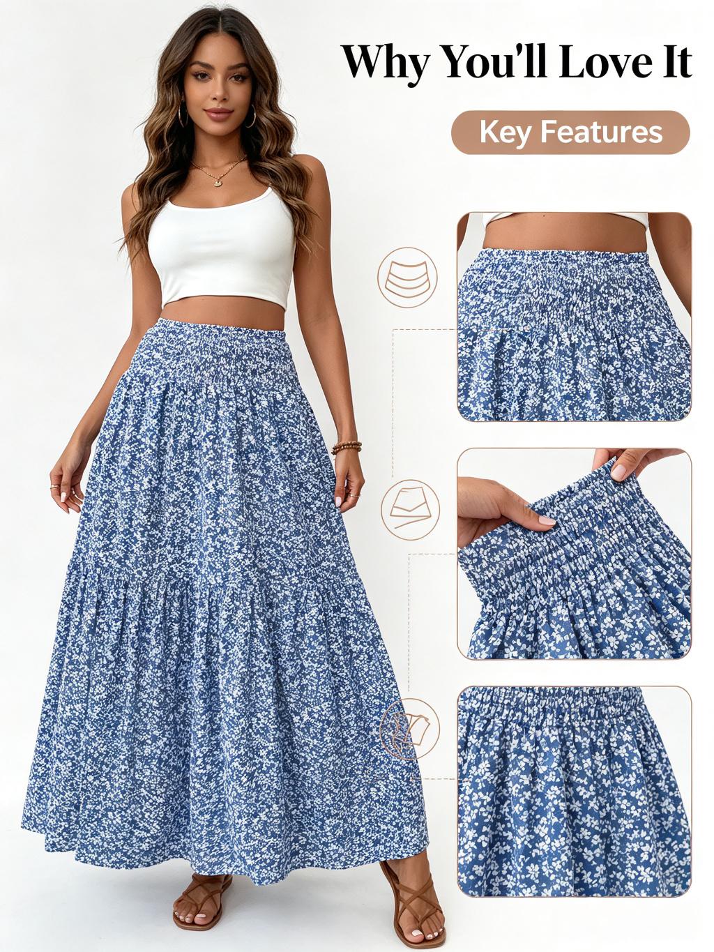 A-line long floral print midi skirt - autumn/spring premium patchwork women's skirt, Lady, Skirts