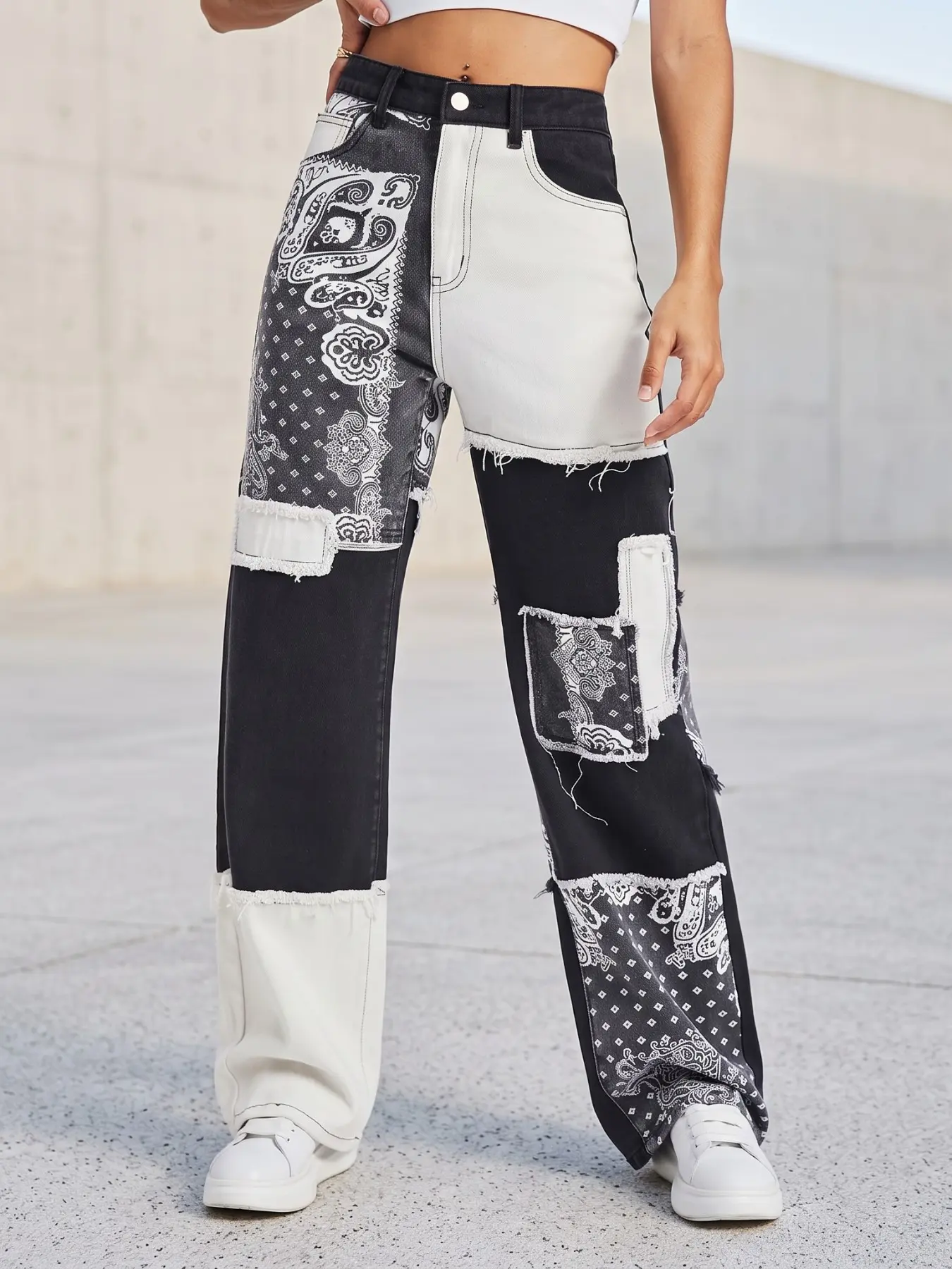 Patchwork Fringe High Waist Wide Leg Jeans, Boho Style Fitted Random Print, All Seasons Unlined Plain Surface, Batch Number 20260605