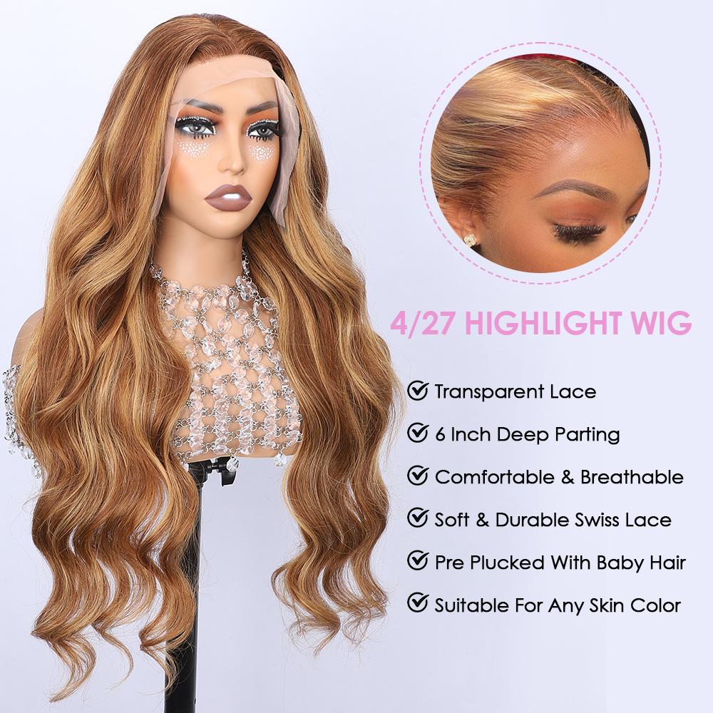 Pizazz Hair 220% Density 13x6 Highlight Body Wave Full Lace Front Wigs Human Hair Pre Plucked 4/27 Honey Blonde HD Transparent Lace Front Wig Human Hair Pre Bleached Wig For Women