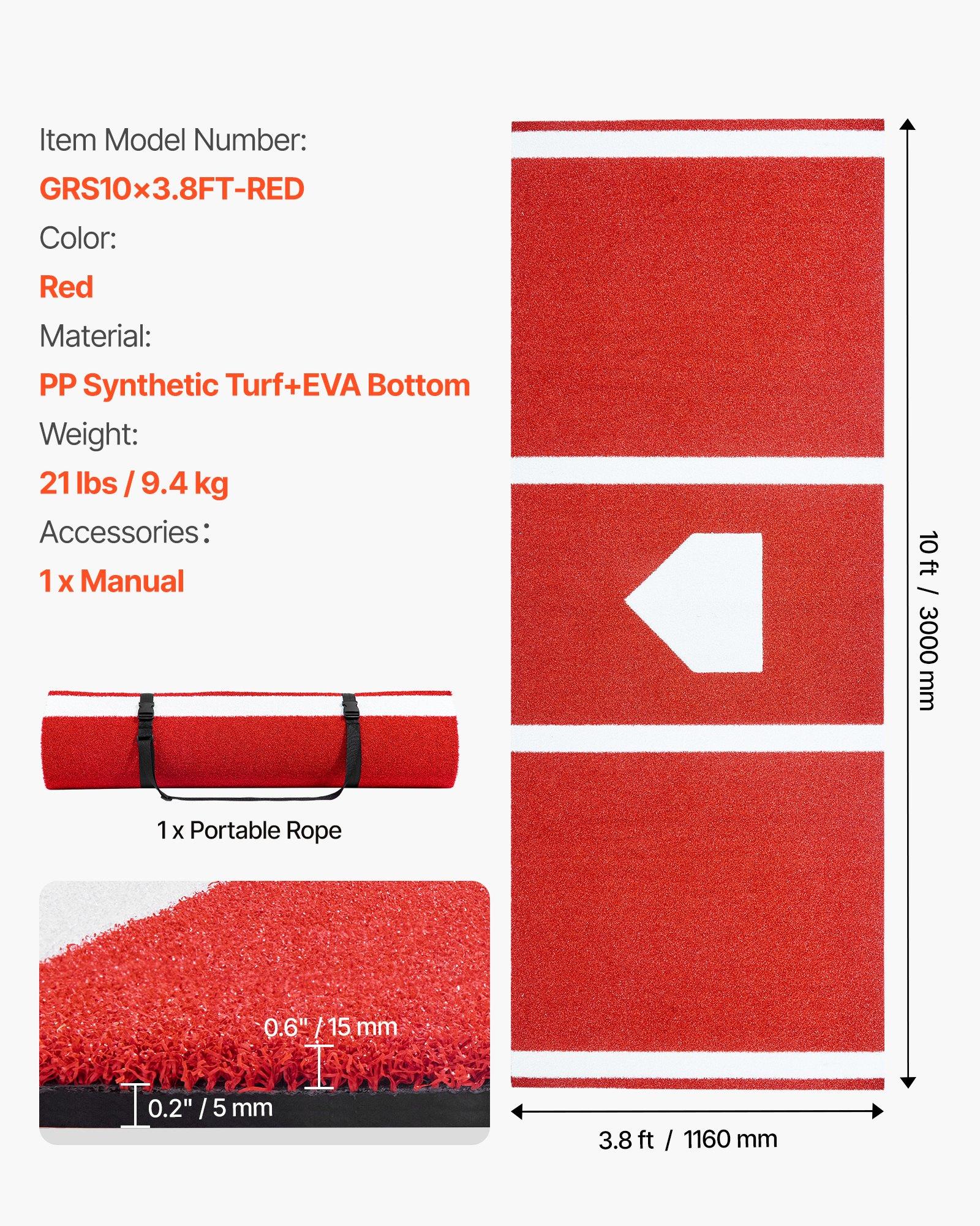 fathersdaygift VEVOR Baseball Hitting Mat, 10x3.8 ft Batting Cage Mat, Batters Box Turf Mats, Softball Batting Practice Equipment with Home Plate and Anti Fade Turf, Portable Training Aid for Indoor Outdoor, Red