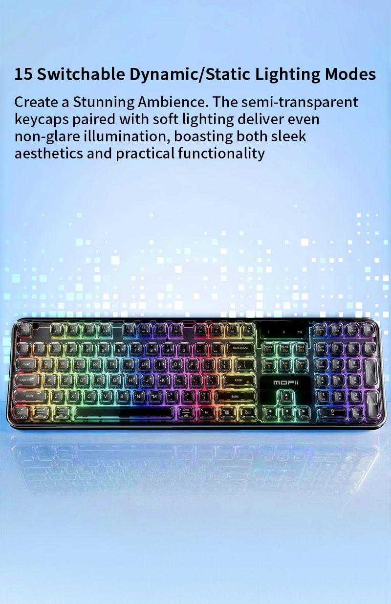 MOFii 708 RGB Backlit Full-Size Keyboard, Stylish White Transparent Keycaps, Tri-Mode Rechargeable, US Qwerty, Compatible with Phones & Tablets, Must-Have for Office & Gaming