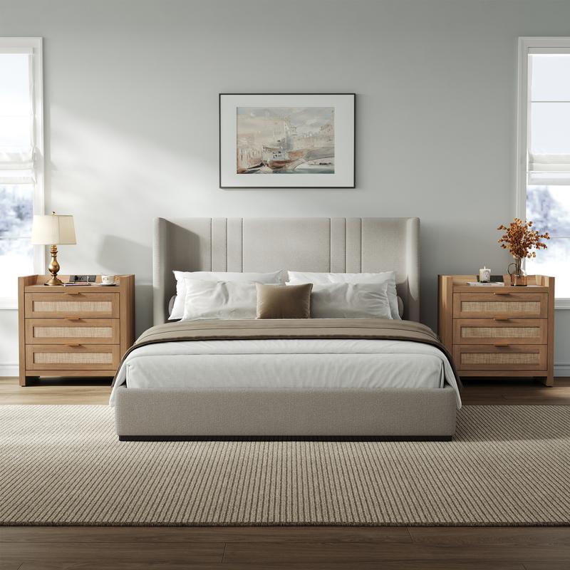 SICOTAS Larger Rattan Night Stand - 15.4"D x 24.8"W x 26.5"H Nightstands with Type-C Charging Station, 3 Rattan Mesh Drawers, Usb port Boho Bedside Table End Table with Storage for Bedroom Sofa Couch Office, Robust and Stylish, Durable