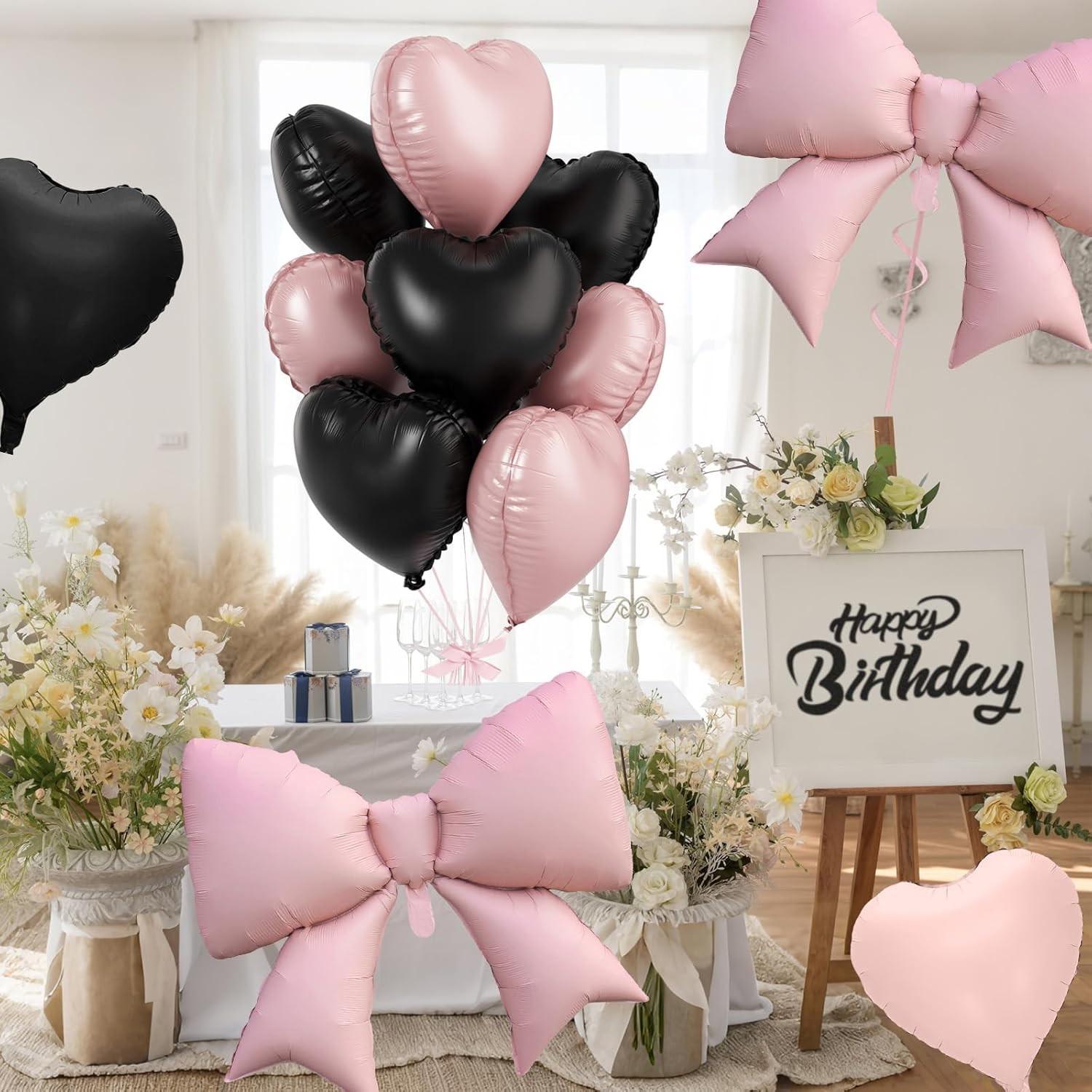 Pink and black heart-shaped bow balloons, 8 18 inch heart-shaped balloons and 2 38 inch butterfly balloons (with 2 accessories), suitable for girls' birthdays, baby showers, bridal wedding party decorations