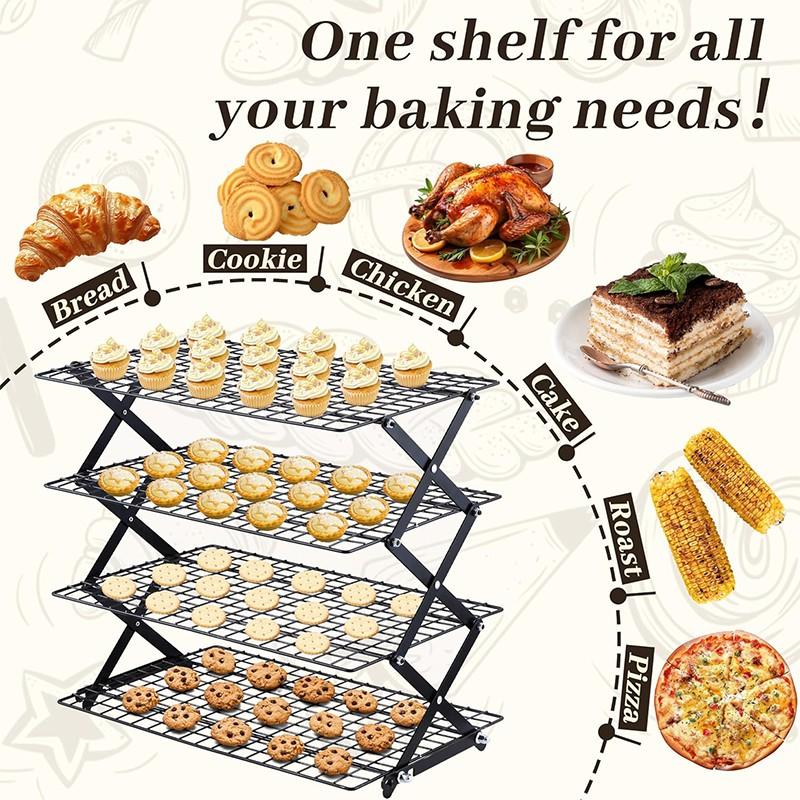 4 Tier Collapsible Cooling Rack - 3 Setting Design, Adjustable ＆ Stackable Baking Rack, 5 Modes Cooling Racks for Cooking and Baking, Roasting ＆ Grilling Gifts for Picnic Party Baking Tools, Baking Supplies