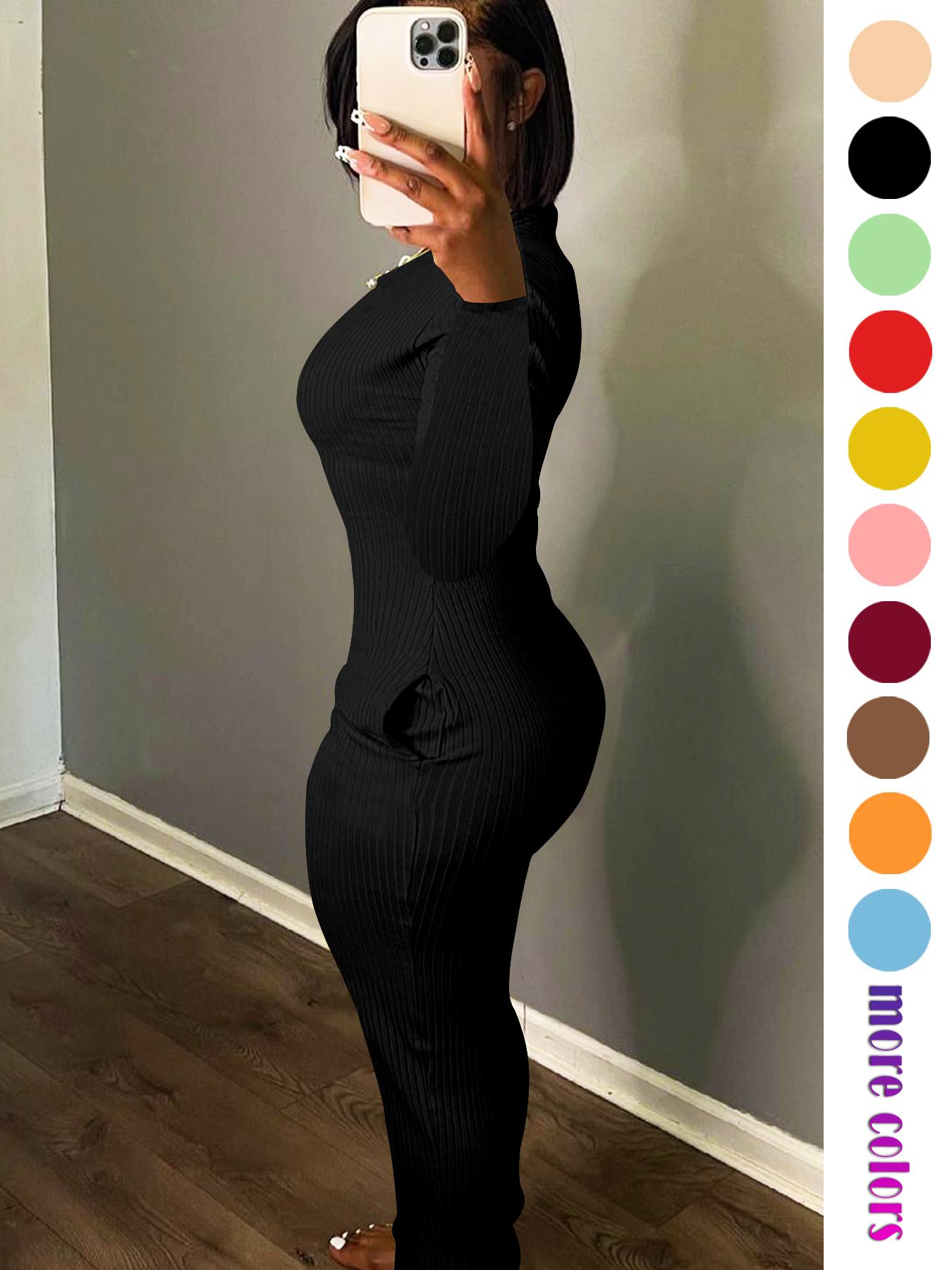 Women's Long Sleeve Dress with Pocket, Breathable Stretchy Fitted Solid Color Maxi Dress for Party, Casual and Travel, Stylish All-Day Wear