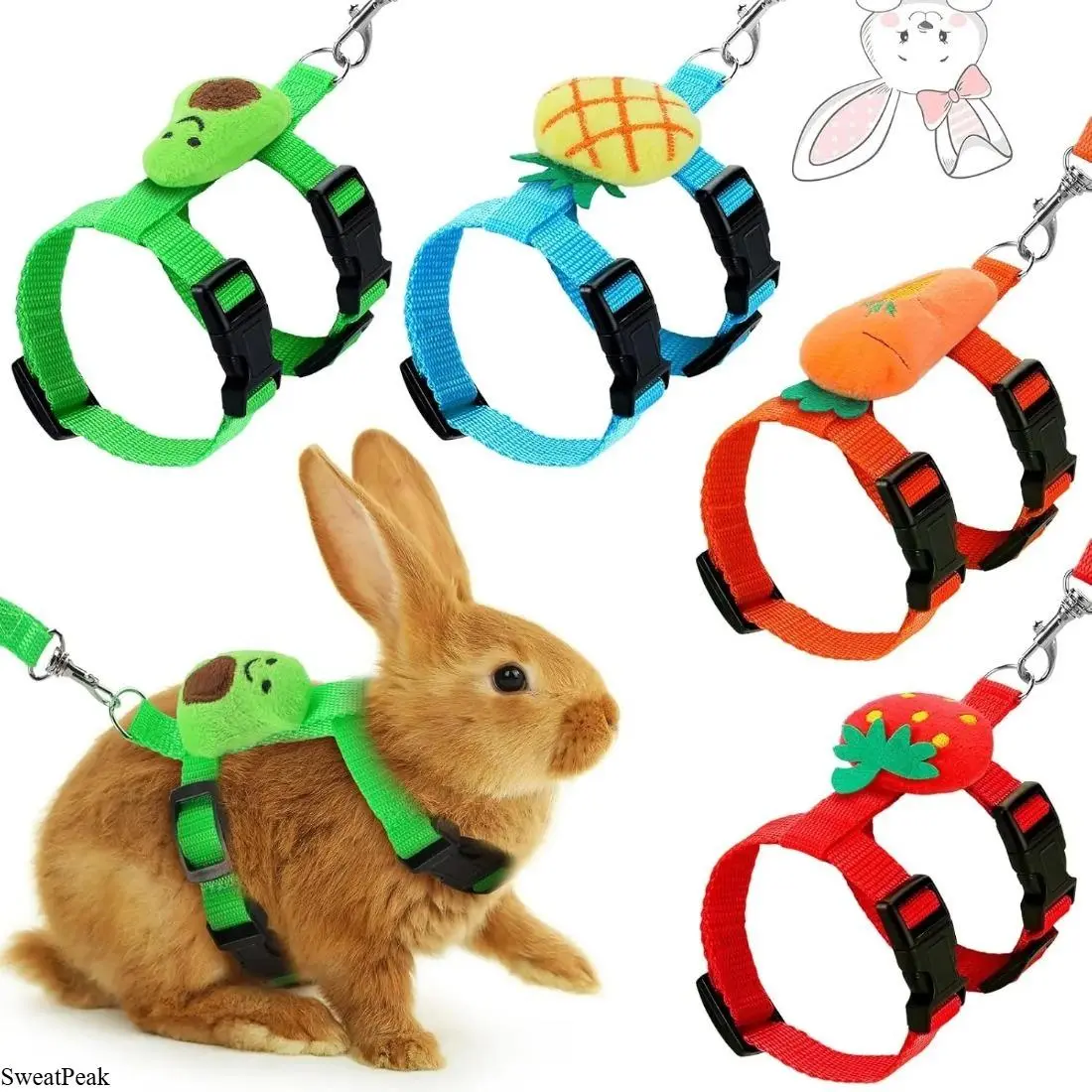 Rabbit Harness and Leash for Small Pets, Adjustable Bunny Vest Harness with Cute Decorative Design, Lightweight Comfortable Walking Set for Rabbits, Ferrets & Guinea Pigs, Outdoor Walks, Travel & Daily Use