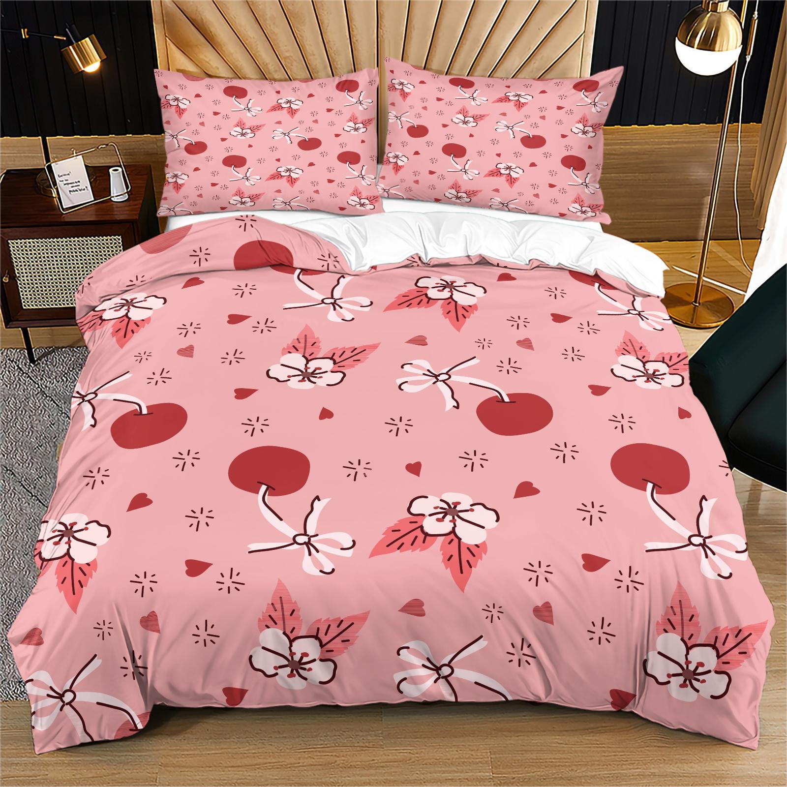 Cherry Bow Pattern Soft Durable Bedding Set, Includes 1 Fitted Sheet & Pillowcases, Perfect Gift for Teens Adults, Modern Bedroom Decor