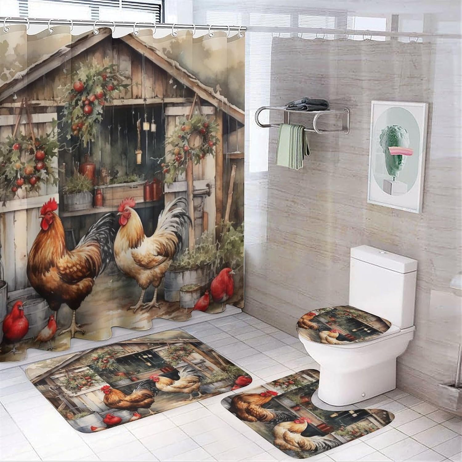It's Just Chicken Time Shower Curtain 4 Piece Set Bathroom Shower Curtain Set with Rugs Rooster Chicken Holiday Durable and Waterproof for Bathroom Decor
