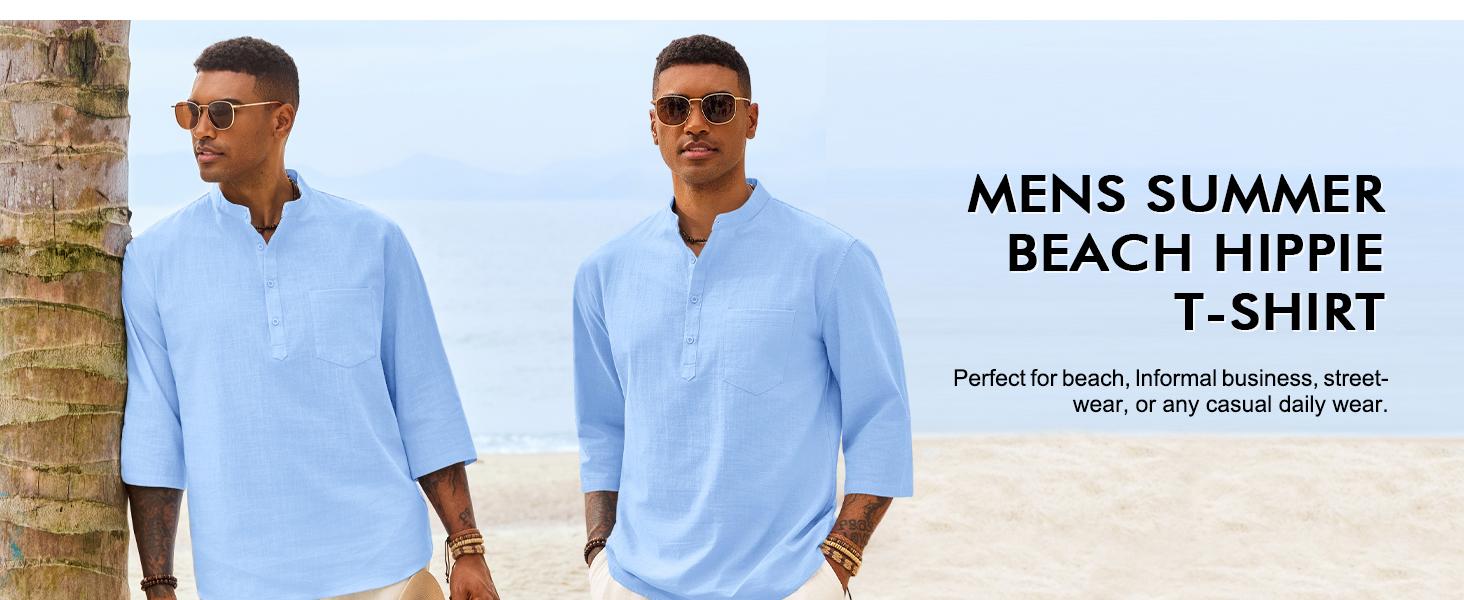 Runcati Mens Casual Henley Shirts 3/4 Sleeve Band Collar Cotton Linen Shirt Summer Beach Hippie T-Shirts with Pocket