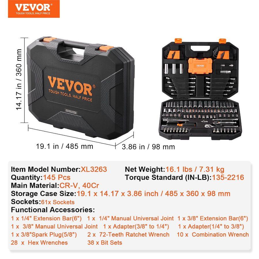 VEVOR 145-Piece Metal Mechanic Tool Set with Storage Case - Car Repair Tools Including 1/4 & 3/8 Drive Deep/Standard Sockets, SAE/Metric Bits, Combination Wrenches, Hex Wrenches, and Accessories