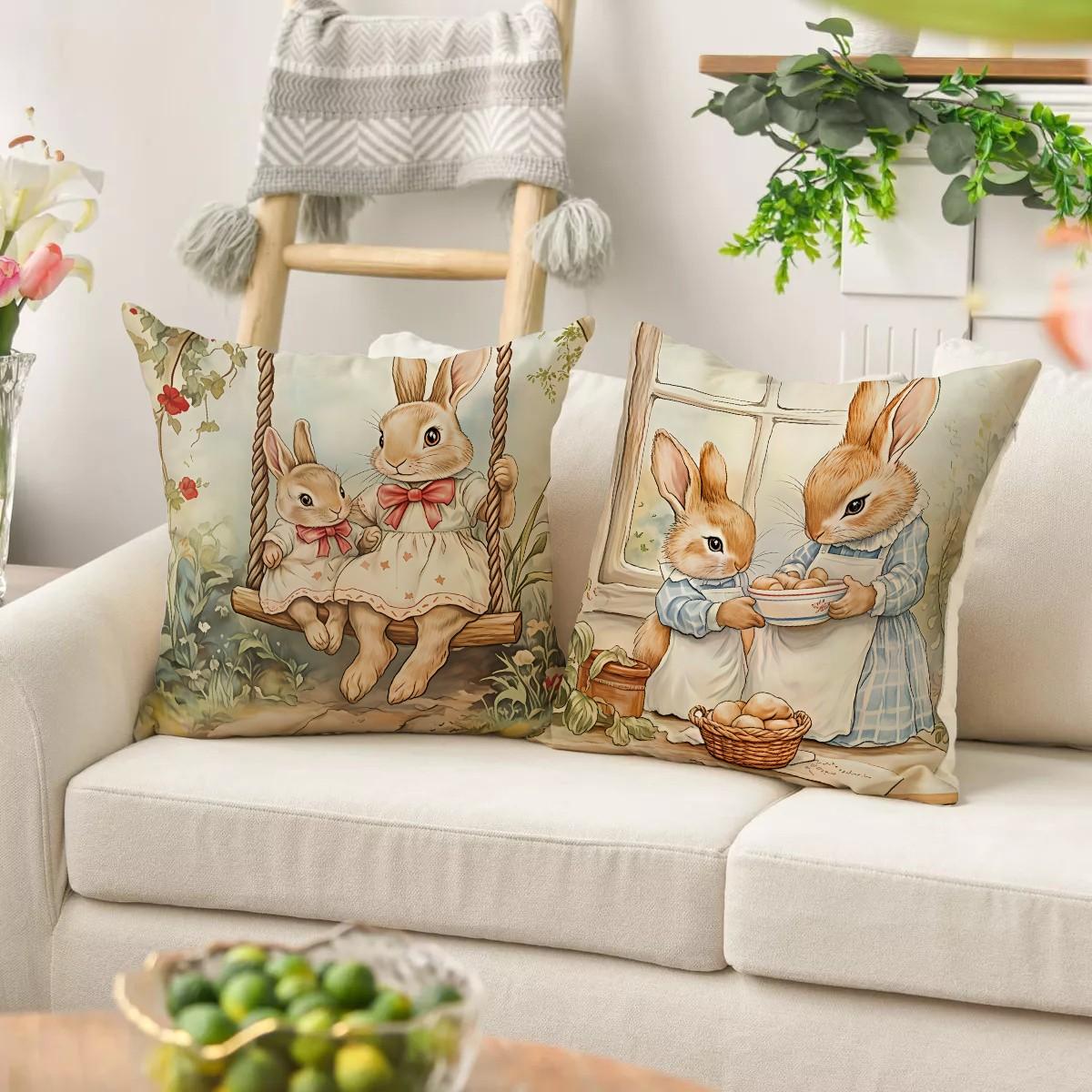 4pcs Easter Cute Rabbit Pillow Cover, Retro Style Cartoon Rabbit Easter Spring/Summer Season Decorative Cushion Cover, 18x18 inch Pillowcase, Farmhouse Holiday Decorative Pillow Cover, Suitable for Living Room, Sofa, Office, Outdoor (No Pillow Core)