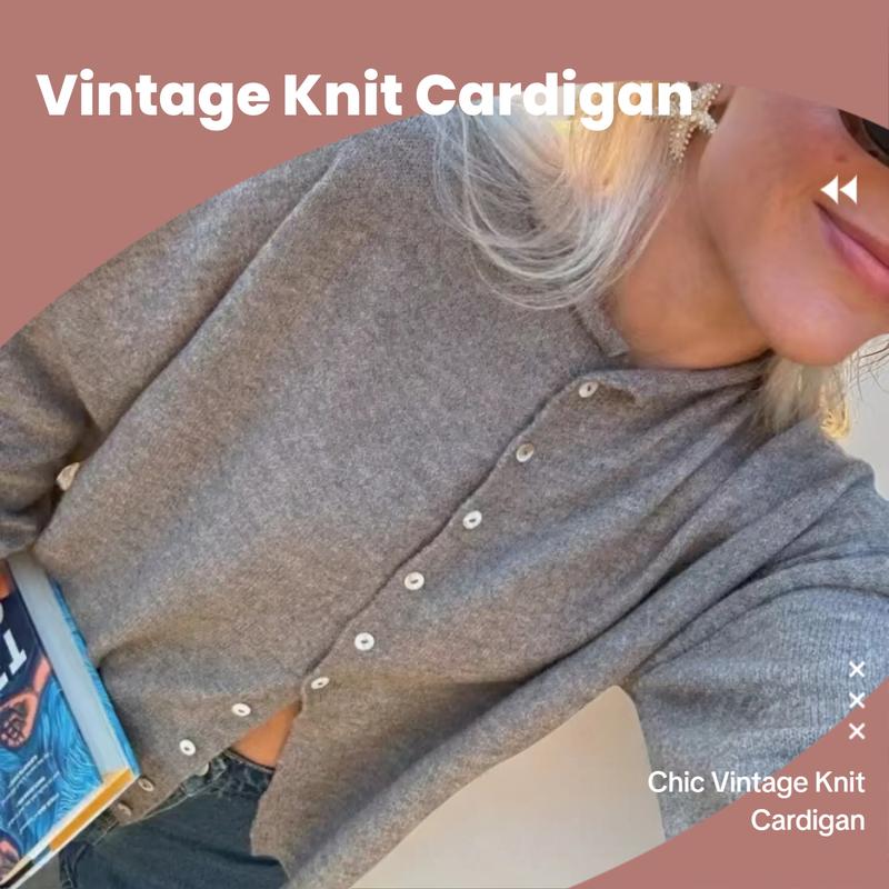 Women's Vintage Knit Cardigan with Rolled Hem, Simple Solid Color Knitwear for Autumn and Winter, Stylish Casual Outerwear