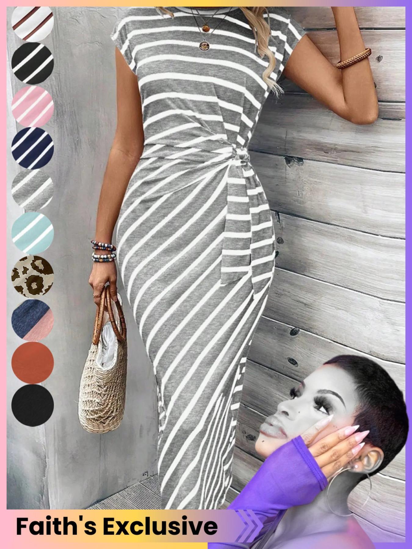 Women's Striped Print Knot Bodycon Dress, Summer Outfits 2024, Elegant Drop Shoulder Short Sleeve Long Dress for Summer, Sundress Maxi Dress, Frenchy Style Ladies Clothes for Beach Holiday