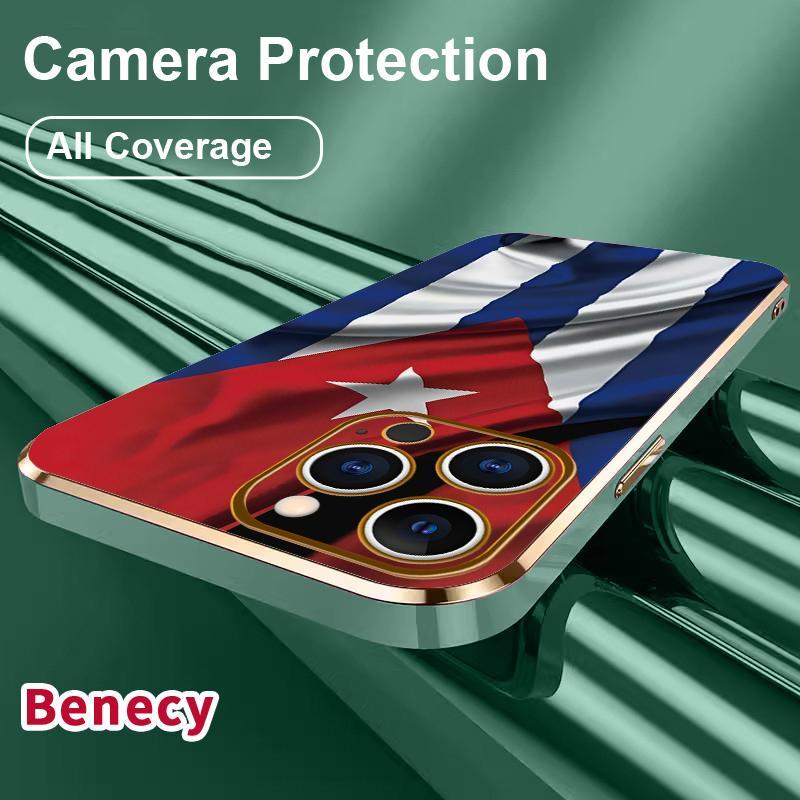 Cuba's Fluttering Flag Pattern  Electroplated TPU Phone Case for iPhone 17 15 Pro Max 16 14 Air Plus 13 12 11 Classic Straight Design Ultra Thin Soft Smartphone Cover, Handheld, Cellphone, Protection