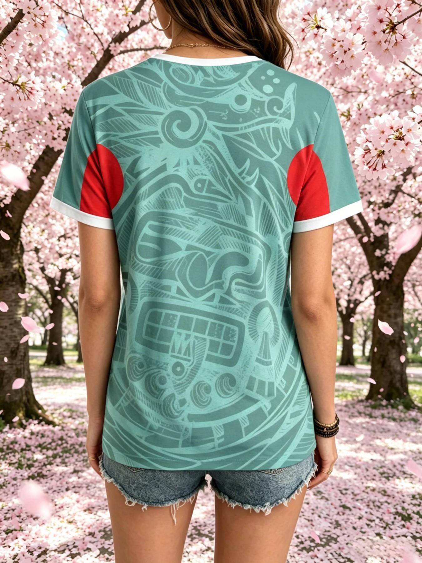 Mexican Eagle Soccer Team Logo Print Round Neck Short Sleeve T-Shirt, Women's Maya Tribal Pattern Lightweight Sports Top, Casual Loose Fit, Active Shirts