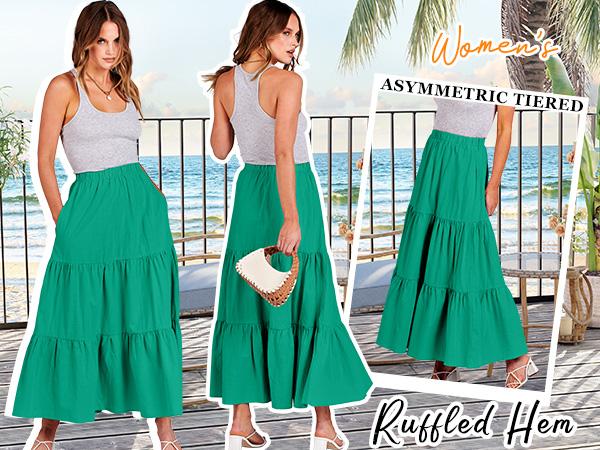 ANRABESS Women’s Summer Boho Elastic Waist Pleated A-Line Flowy Swing Tiered Long Beach Skirt Dress with Pockets