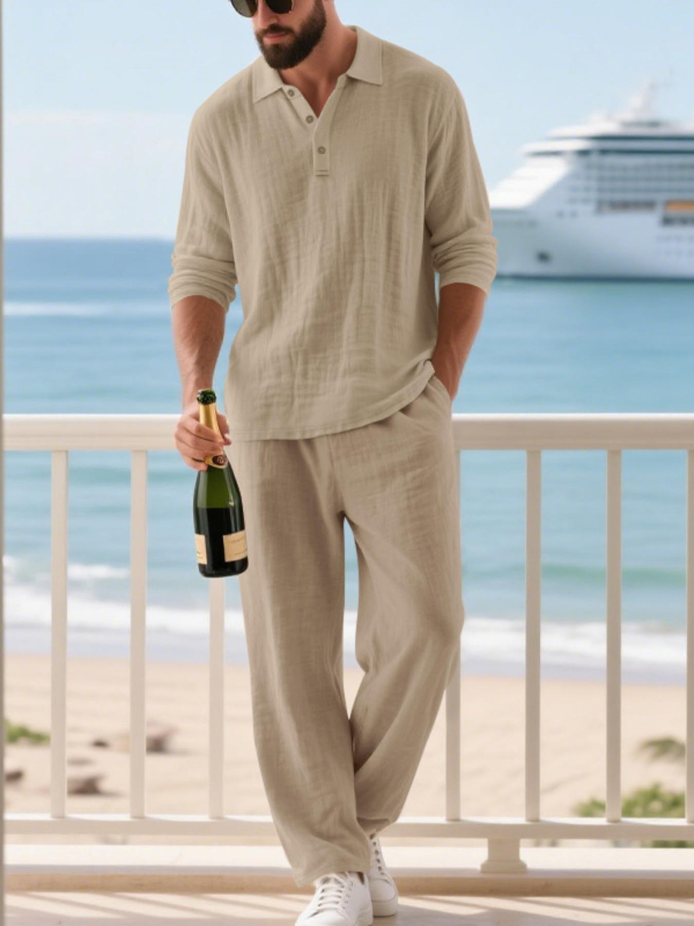 Men's Linen Polo Shirt & Pants Set, Classic Casual Loose-Fit Long Sleeve Top, Spring & Fall Woven Fabric for Daily Wear