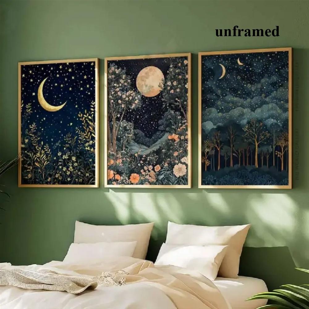 Optional Wooden Frame William Morris Artistic Canvas Art Prints Floral Boho Print 3pcs Gold Decor Decoration Moon Poster Night Sky Botanical Floral Wall Artwork for Bedroom