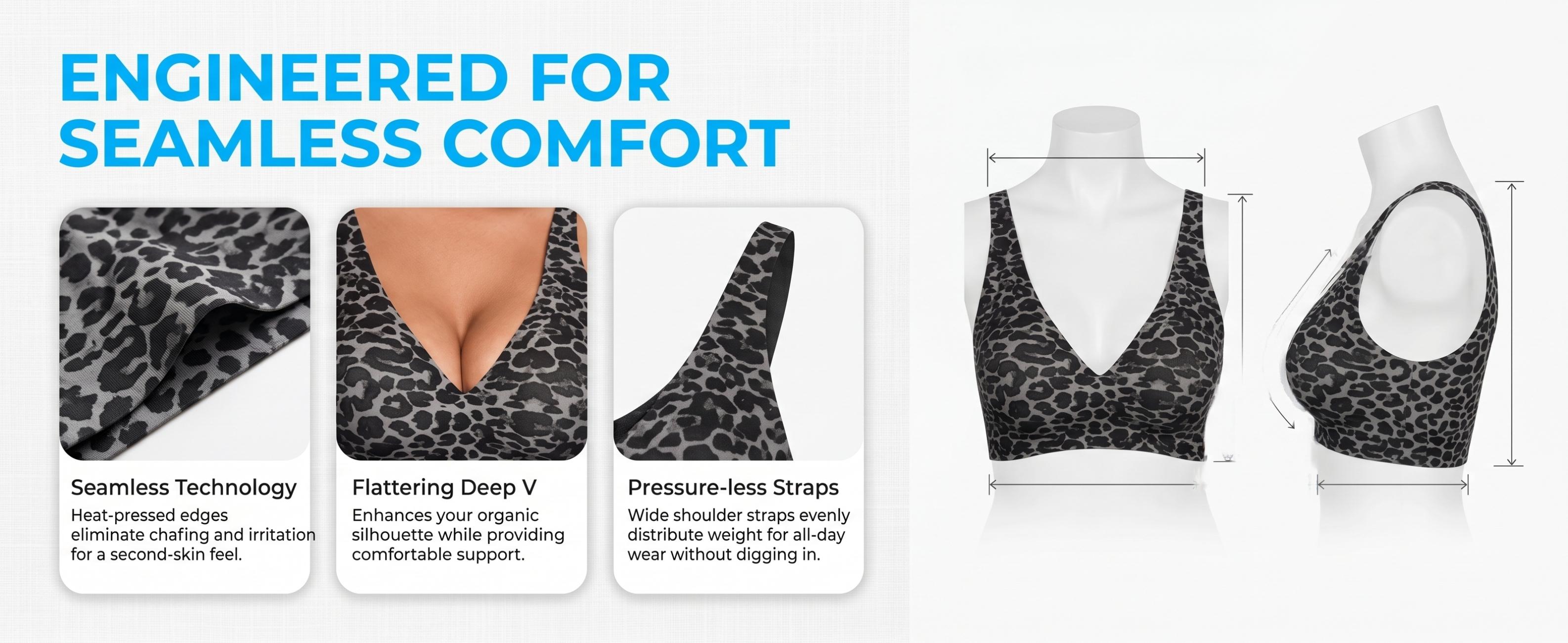 Wireless V-Neck Bikini Top & Bralette, Seamless Comfort Leopard Print Bra for Women, Plus Size
