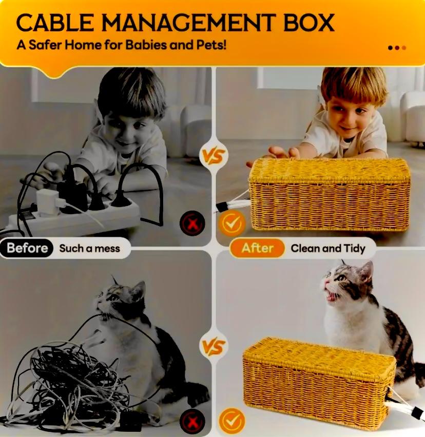 Handmade Woven Desk Cable Organizer Box with Lid, Office Power Cord Hider, Home Data Line Manager, Perfect Holiday Gift