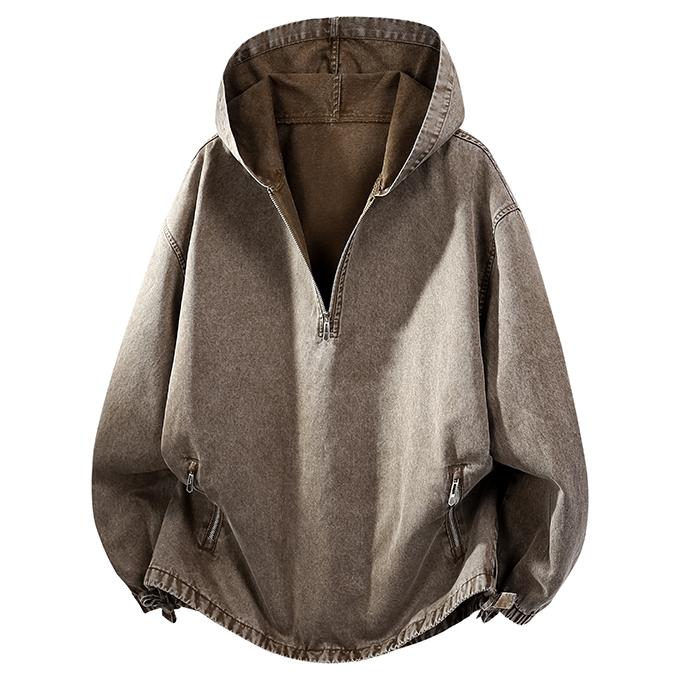 2026 New Menswear Plain Denim Hoodie - Men's Pure Cotton Pullover Jacket, American Retro Street Style, Gradient Washed, Distressed Texture, Stylish Long Sleeves, Medium Length, Hangable Fold, Casual Commuting Workwear, Machine Washable