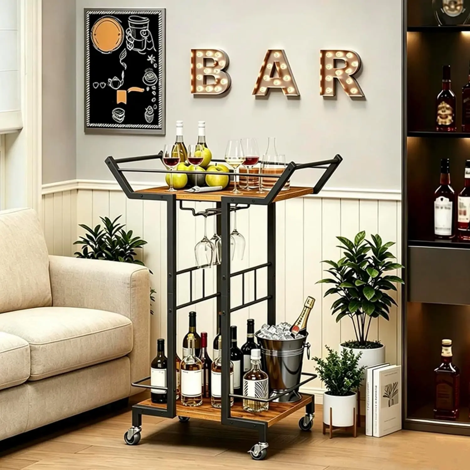Bar Cart, 3-Tier Serving Cart with Wine Glass Rack, Drink Cart with Wheels, Rolling Beverage Cart, for Living Room, Party, Rustic Brown BC10BR