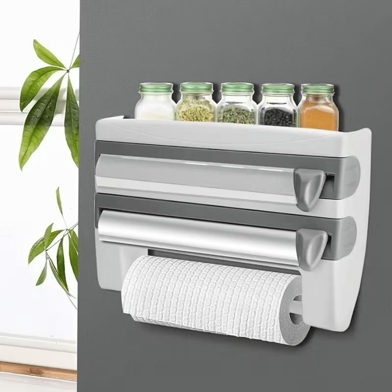 Durable Plastic Wall-Mounted Kitchen Organizer Rack with Built In Scissors And Foil Dispenser - Suitable for Parchment Paper, Foil, Baking Paper, Towels, And Rolls - a Home Storage Solution That Requires No Power