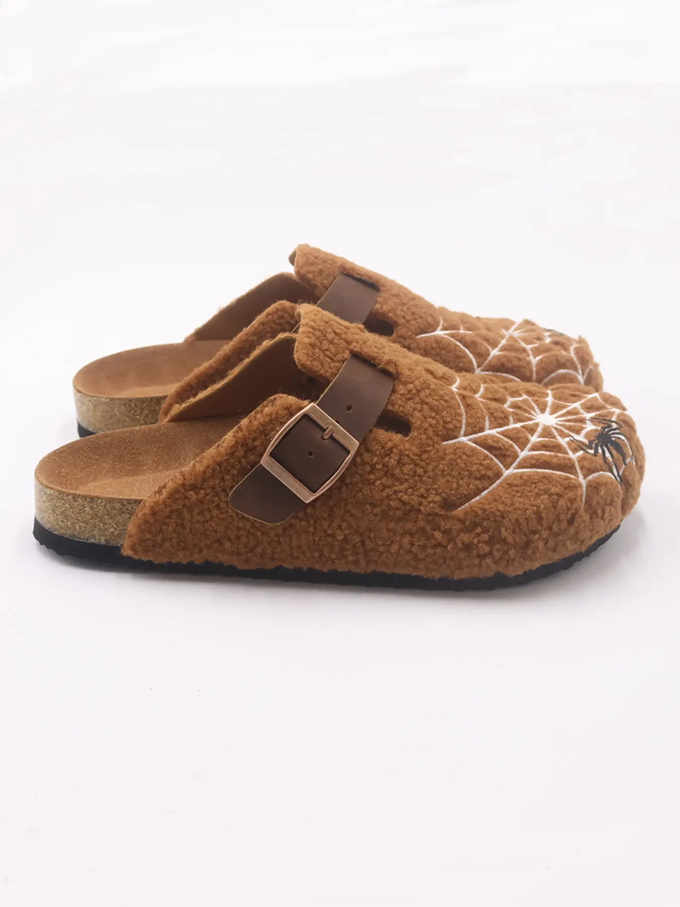 Men's Y2K Spider Web Embroidered Fleece Casual Clogs | Vintage Streetwear Fuzzy Cork Sole Mules Slip On Shoes