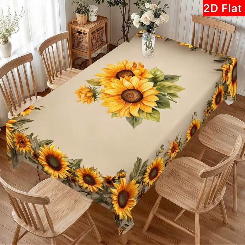 2D Flat Party Tablecloth 1pc, Sunflower Print, Floral Edge Design, Festive Outdoor Decor, No Power Needed, Perfect for Parties and Patios