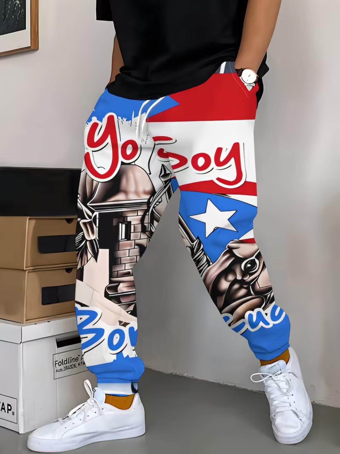 Men's Puerto Rico Flag Print Sweatpants, Baggy Sweatpants Men, Casual Loose-Fitting Long Pants, Elastic Polyester Drawstring, Fall & Winter Fashion