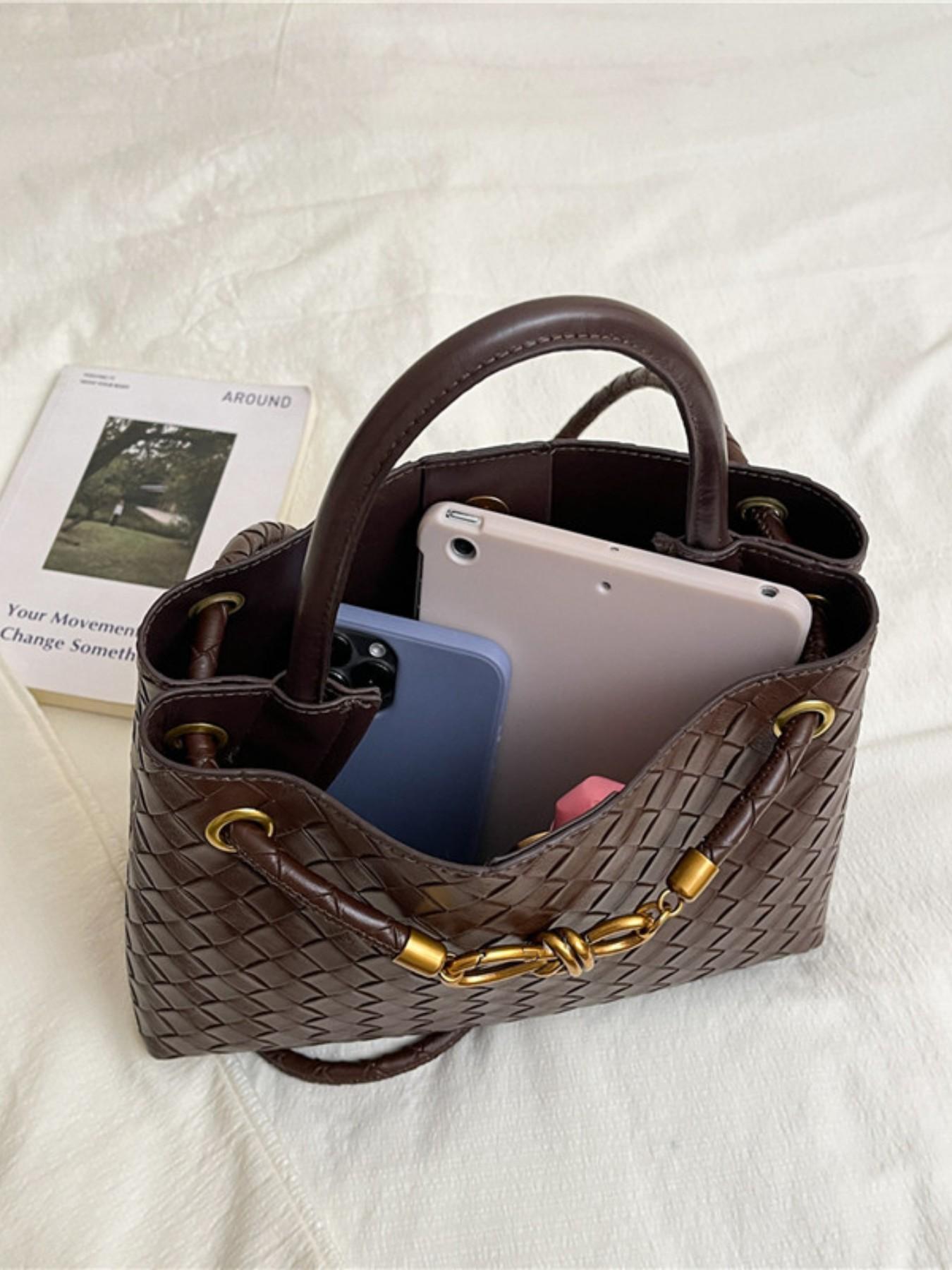 Women's Leather Woven Handbag, Fashion Durable Crossbody Tote Bag, Multi-Functional Clutch Purse, Beach Vacation Phone Case, Travel Daily Use