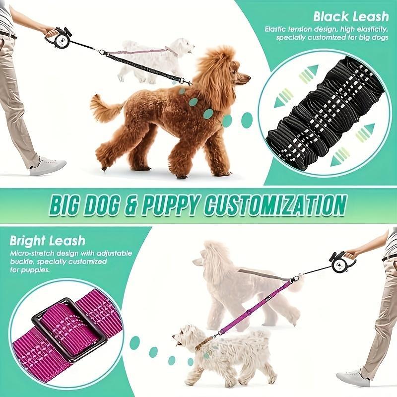 2-in-1 Dual Dog Walking Leash, Anti-Tangle Splitter with Shock Absorbing Elastic Bungee, Adjustable Crossbody Shoulder Strap, Dual Pet Training Lead for Two Dogs