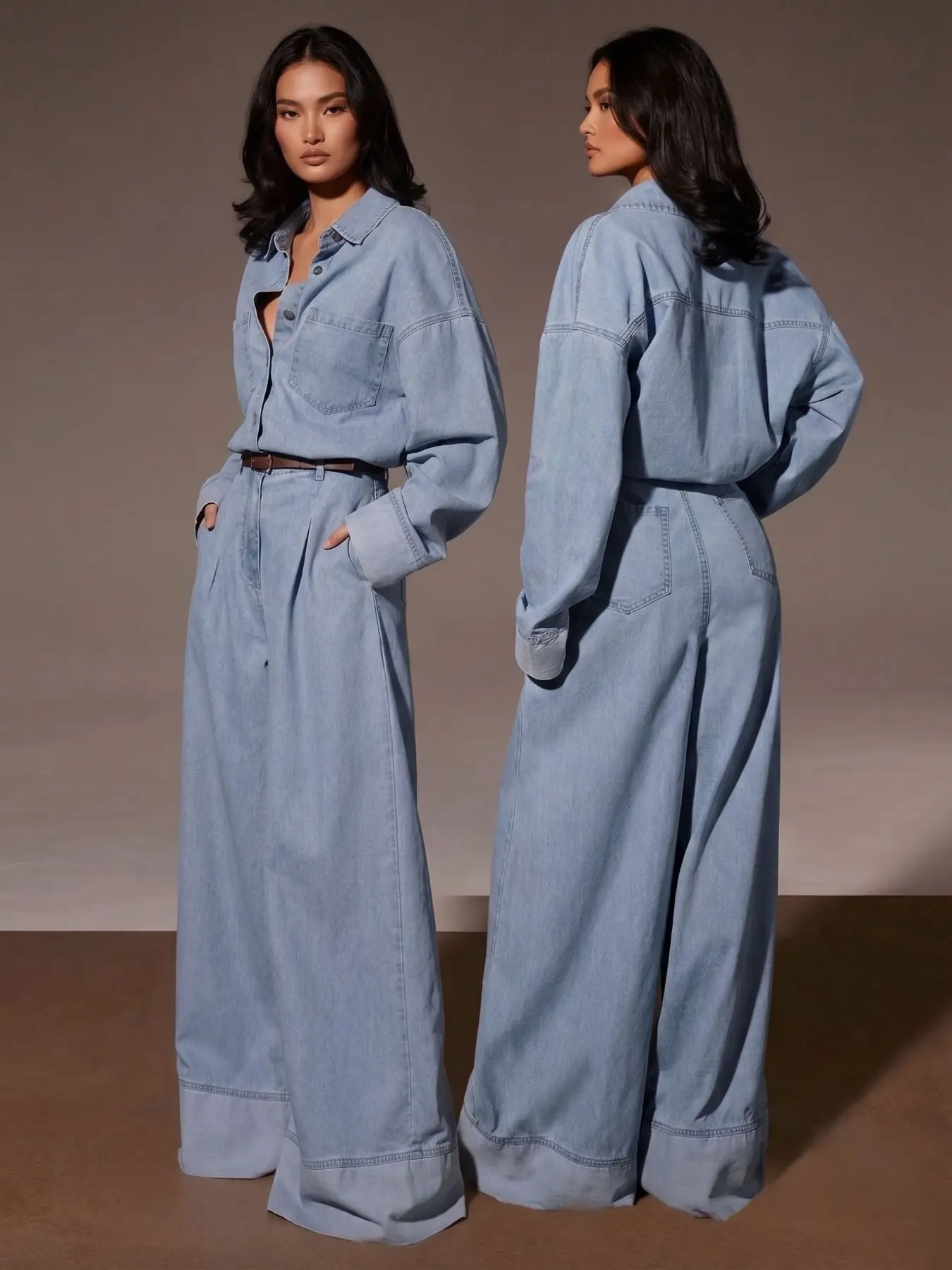 2026 Fall Vintage Light Blue Denim Shirt Jumpsuit Women Oversized High Waist Pleated Wide Leg One Piece Casual Work Daily Outfit