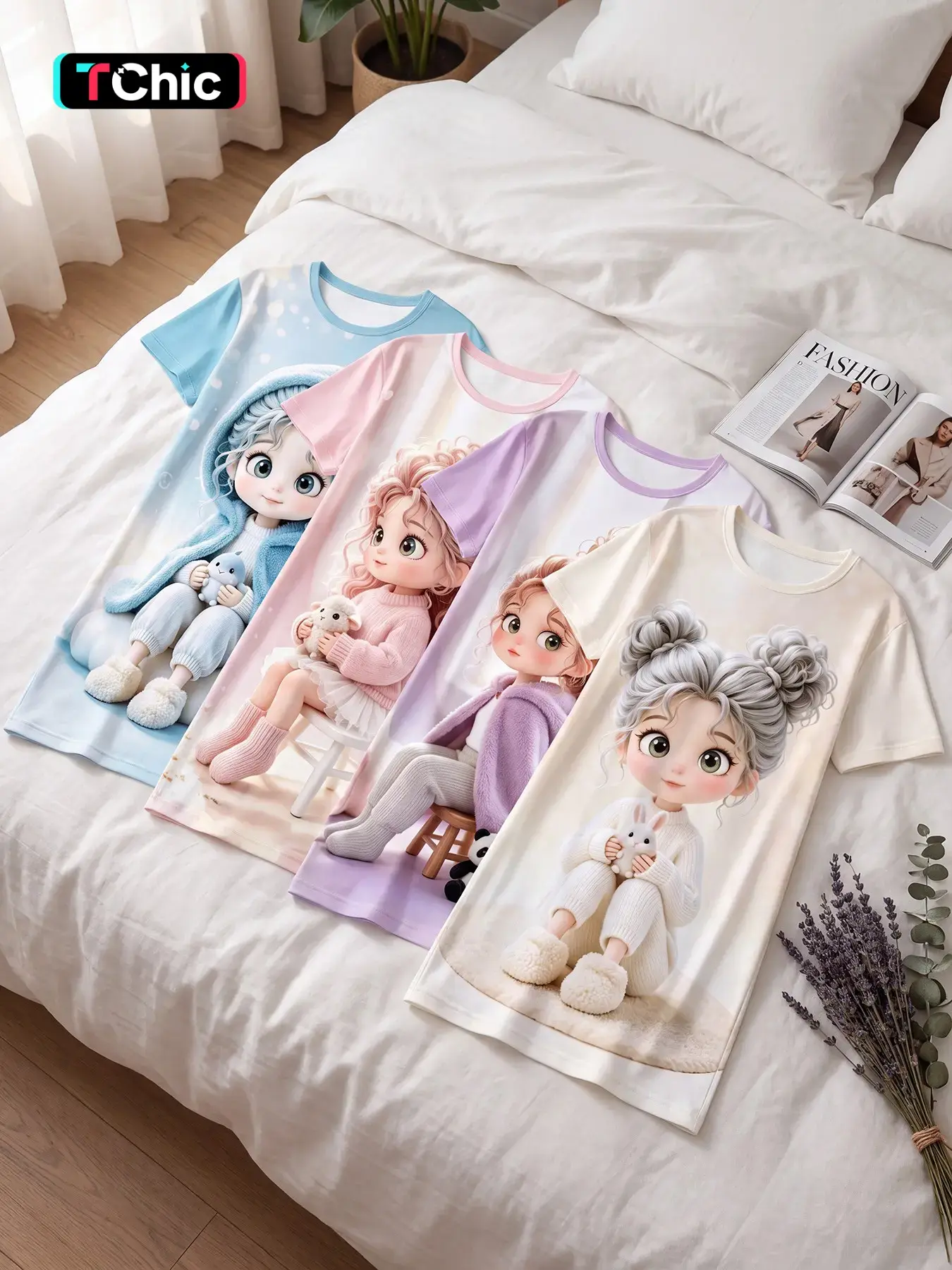 4 Pack Women's Short Sleeve Crew Neck Sleep Dress, All Season Wear Loungewear, Misty Sweet Cartoon Aesthetic Set, Gentle Pet Print Nightgown for Weekend Staycation, Daily Check-in and Night Calming