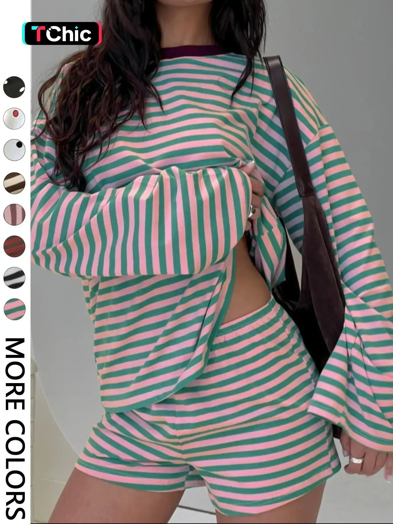 Valentine's Day Women's Casual Striped Long Sleeve Top & Shorts Set, Loose Fit, All Season, Comfortable Travel Clothing for Daily Wear