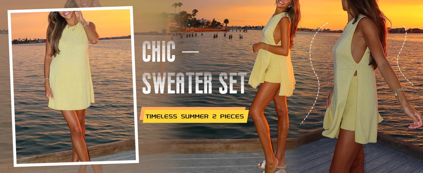 SCUSTY Women's 2 Piece Outfits Summer Knit Sweater Set Sleeveless Tunic Top Matching Shorts Trendy Beach Vacation Sets Loungesetwomen Suits Clothes Womenswear  Basic Beige