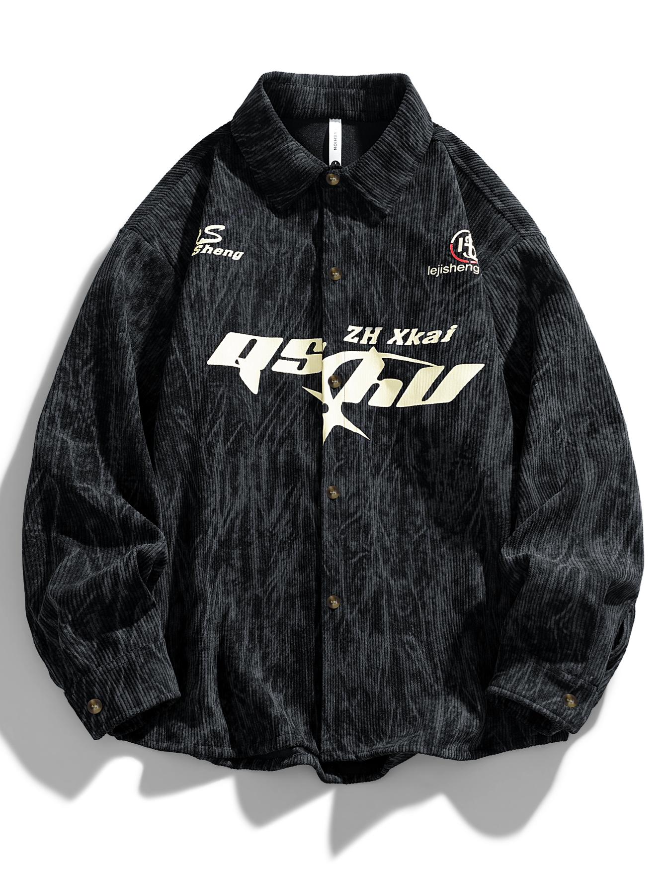 Shirt Jacket For Men American Vintage Casual Fashion Racing Style Letter Print Trendy Top